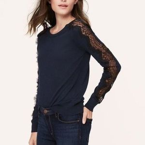 Loft Maroon Black Lace Sleeve Sweater